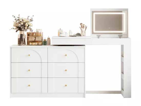 Coiffeuse avec éclairage LED 105x40x80 cm - avec 7 tiroirs - avec compartiments de rangement - blanc