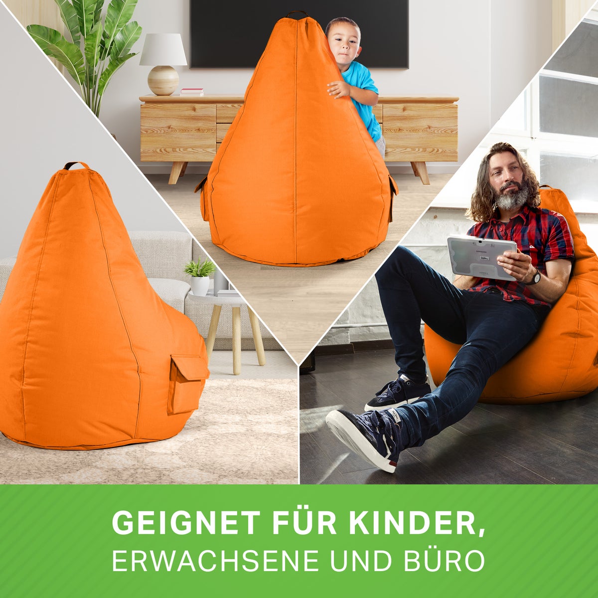 Green Bean Zitzak met rugleuning 80x70x90cm - Gaming stoel met 230L vulling, comfortabel, zacht, wasbaar - Zitzak vloerkussen, loungestoel, voetenbank, relaxstoel, gamerstoel, oranje