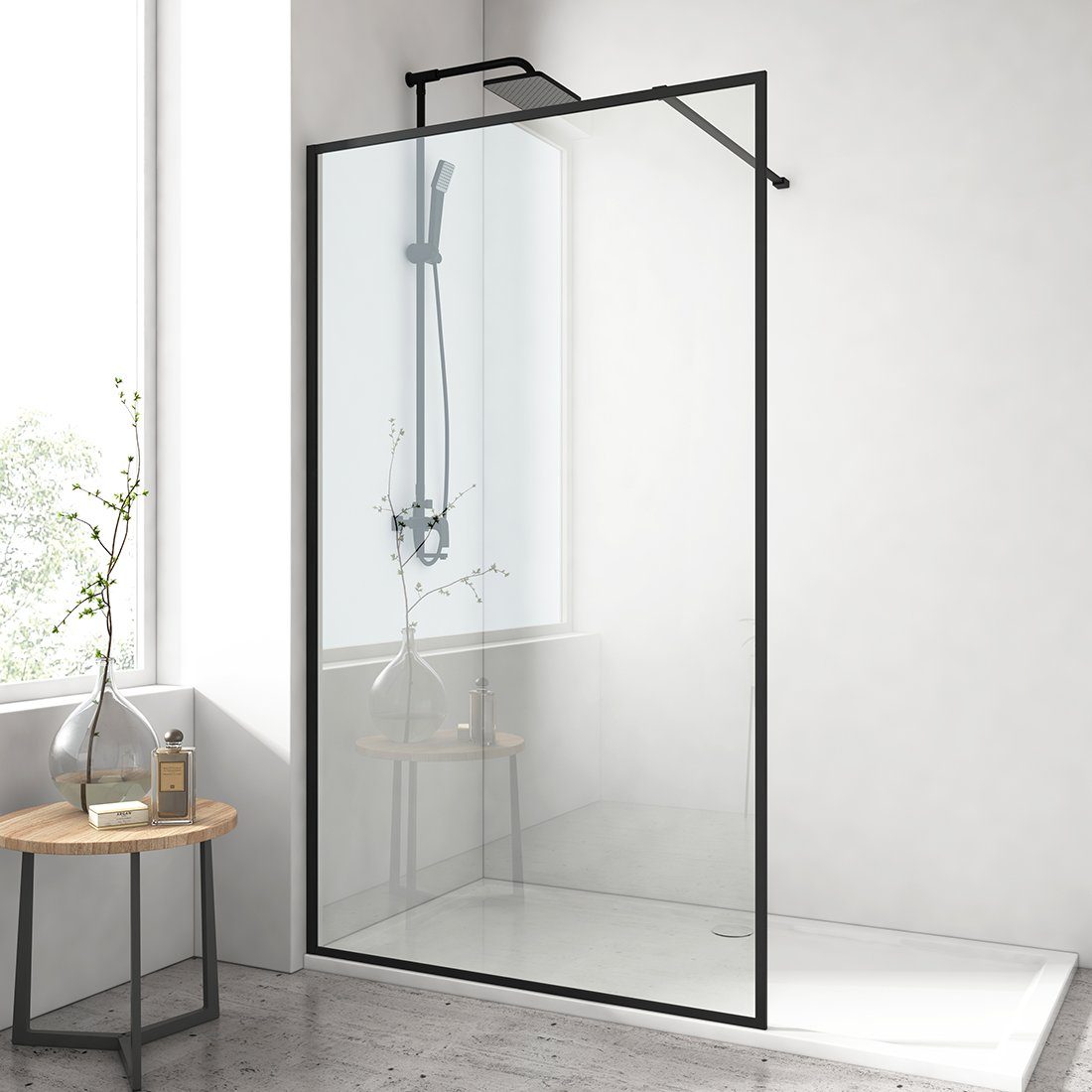 EMKE inloopdouchewand van 8 mm nanogecoat gehard veiligheidsglas, 100 cm x 200 cm, helder glas, zwart