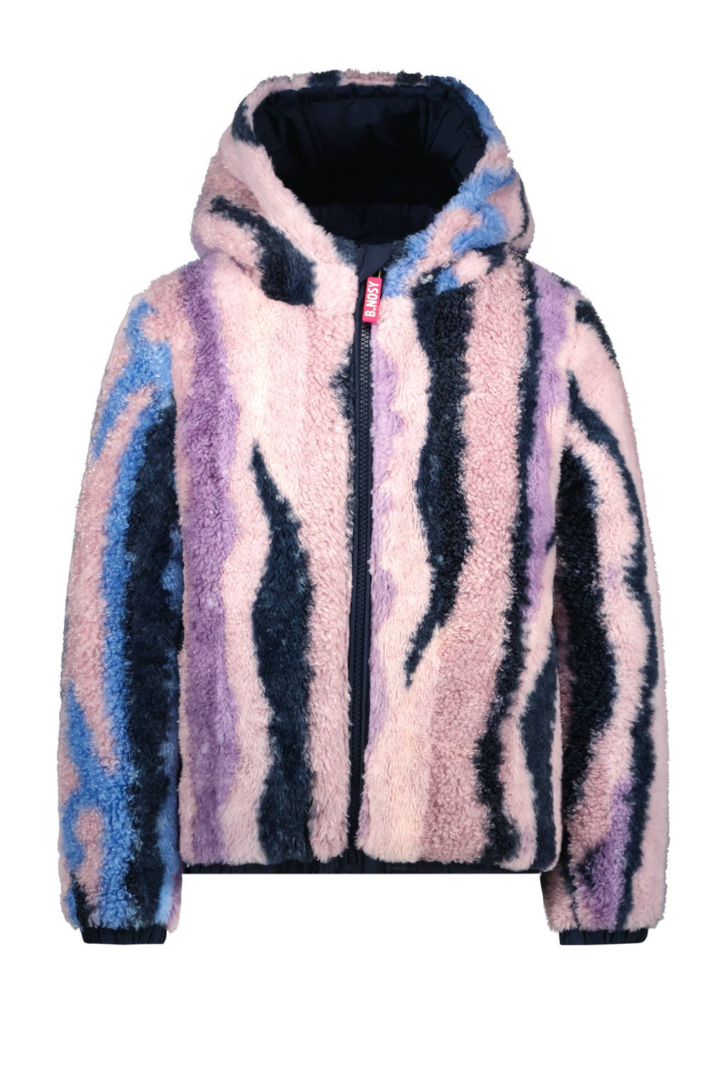 B.Nosy reversible gewatteerde winterjas Jamie met all over print donkerblauw/lila/roze