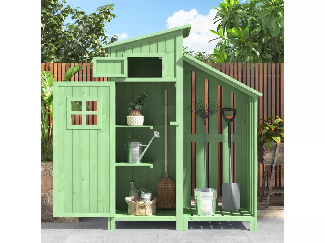 Abri de jardin en bois massif avec toit pente en PVC - 2 étagères 3 portes loquets - L124 x P46 x H174 cm - Vert
