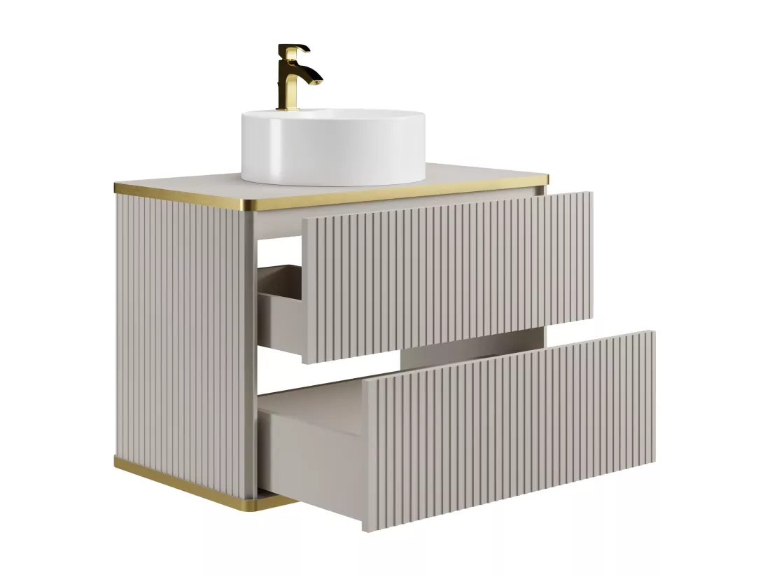 Meuble de salle de bain suspendu strié liseré doré avec vasque à poser ronde - Beige - 80 cm - KELIZA