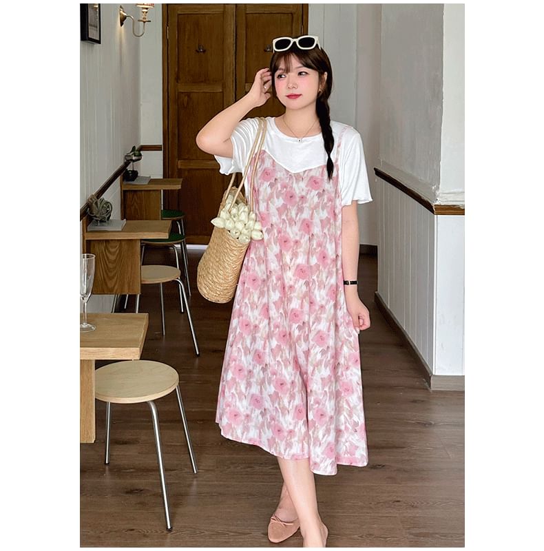 Krezol - Plus Size Mock Two-Piece Midi A-lijn Jurk met Korte Mouwen en Bloemenprint