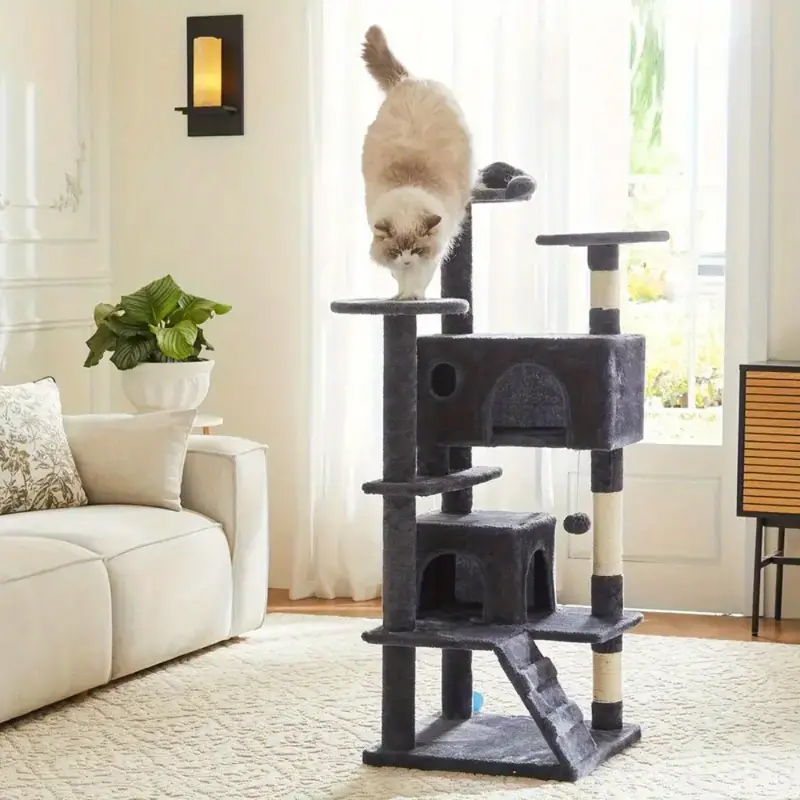(136cm) Katzen Baum Sisal Kratzsäulen mit Häuschen / Treppe / Aussichts Plattformen / Spiel Bälle - Schwarz