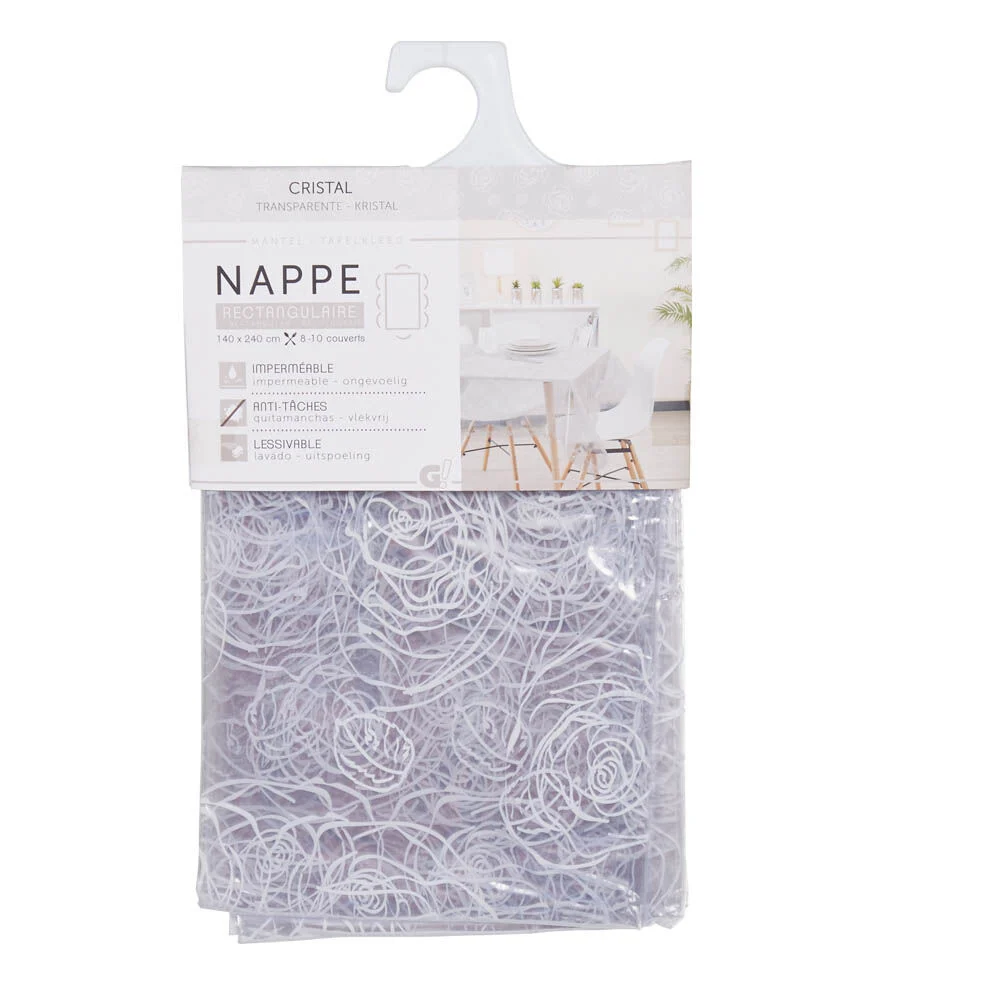 Nappe rectangulaire en plastique transparent motif fleur tourbillon 140x240 cm