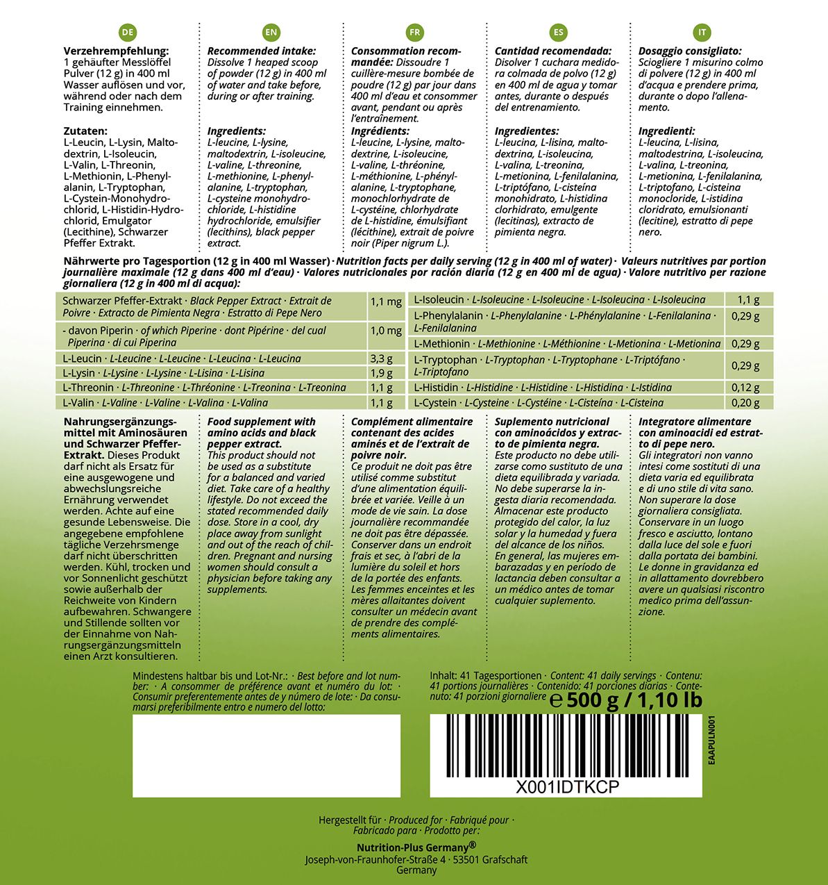 Nutri+ Instant EAA Pulver 500g Komplex - Essentielle Aminosäuren