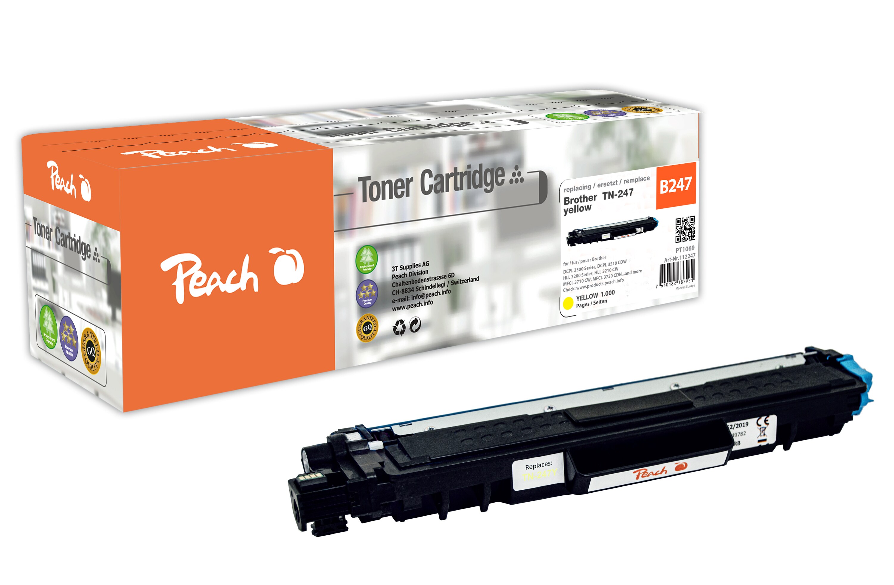 Peach B247 Y Toner XL ye ersetzt Brother TN-247Y für z.B. Brother DCPL 3550 CDW, Brother MFCL 3750 CDW, Brother DCPL 3510 CDW (wiederaufbereitet)