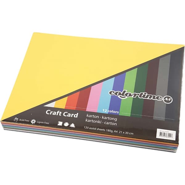 Creativ kartong, A4, ark 210x297 mm, 180 g, ass. farger, 12x10 ark/ 1 pk.