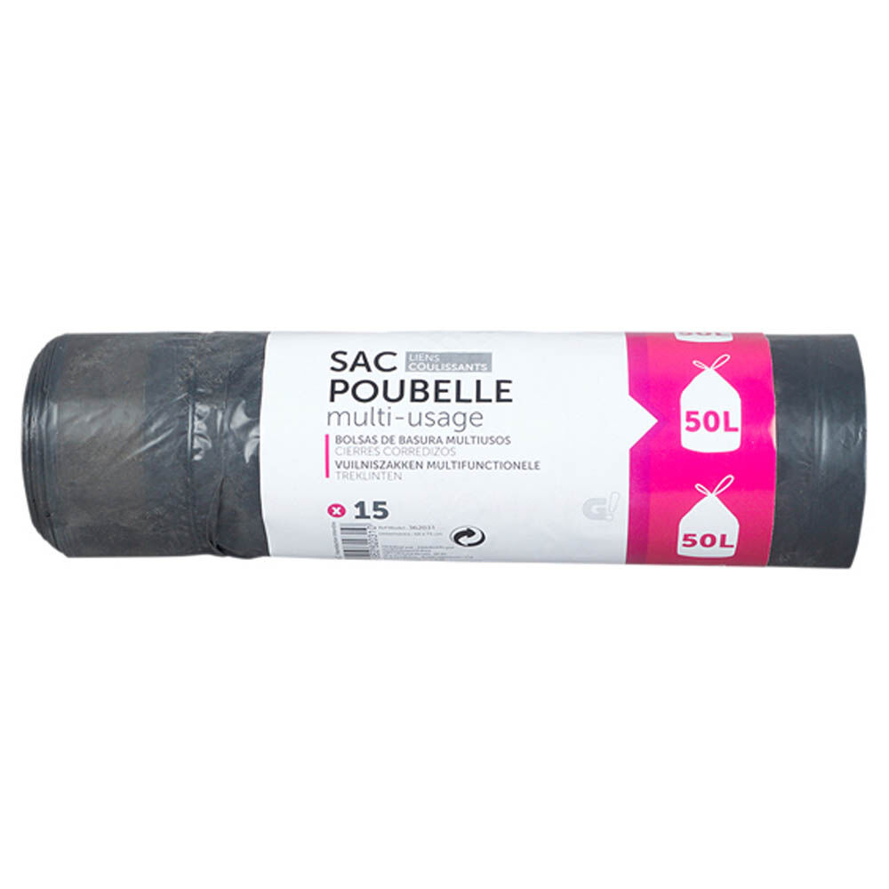 Sac poubelle lien coulissant 50L x15