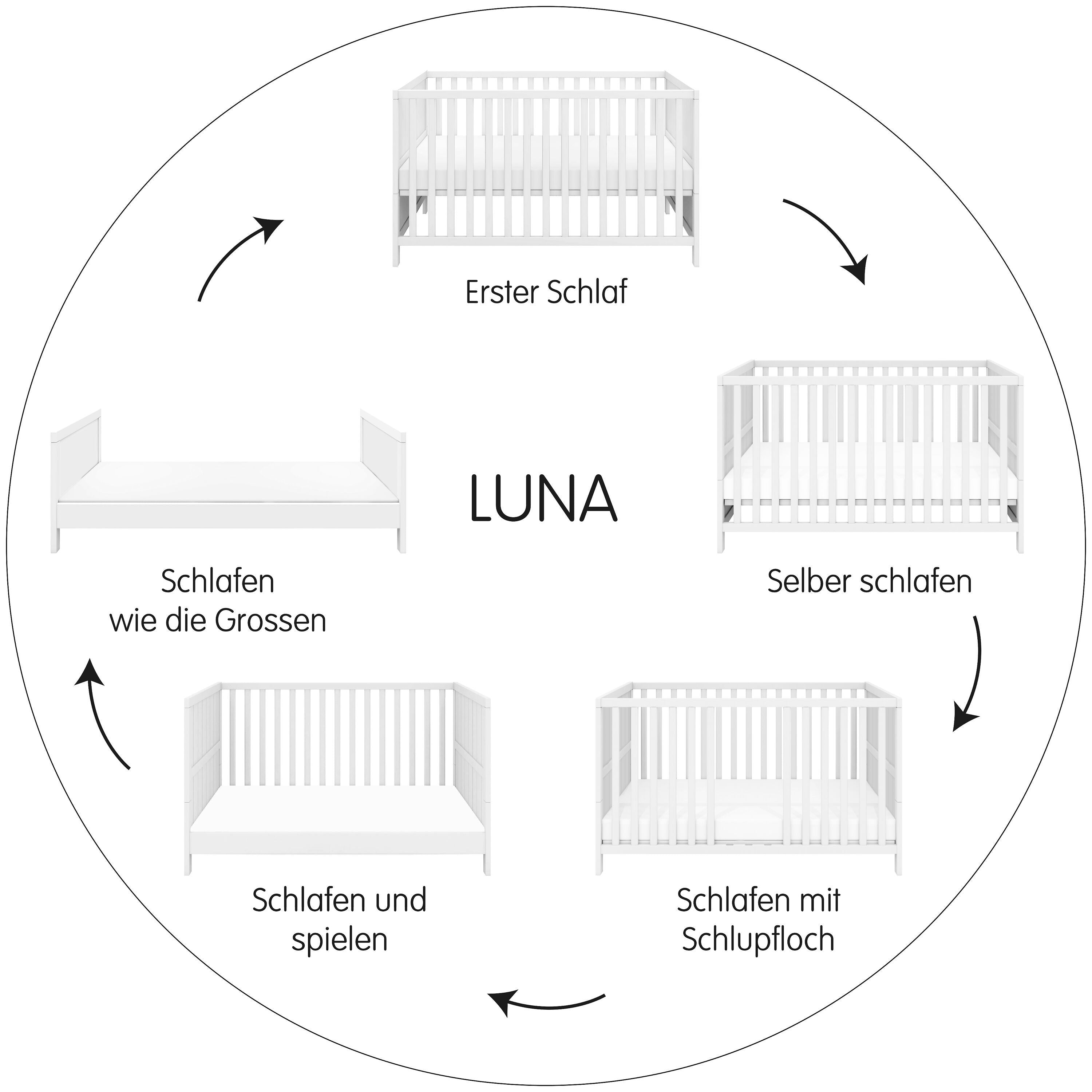 LUNA Babybett Grau 140x70cm gerillt - Grau / B: 74.6 cm x T: 144.4 cm x H: 83.6 cm