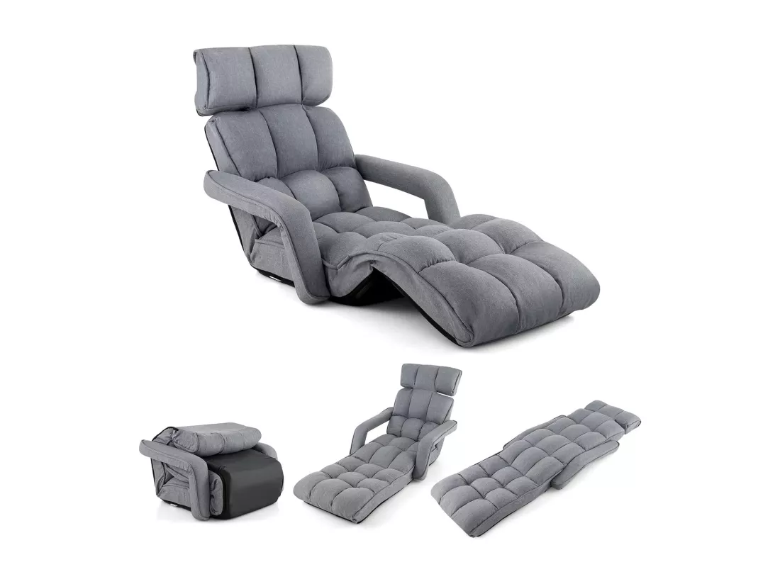 Fauteuil Convertible 1 Place Adulte avec Appui-tête Dossier Réglable 6 Positions 16°-107°, Chauffeuse Convertible avec Repose-Pieds à 8 Réglages, 196 x 72 x 19,5 cm