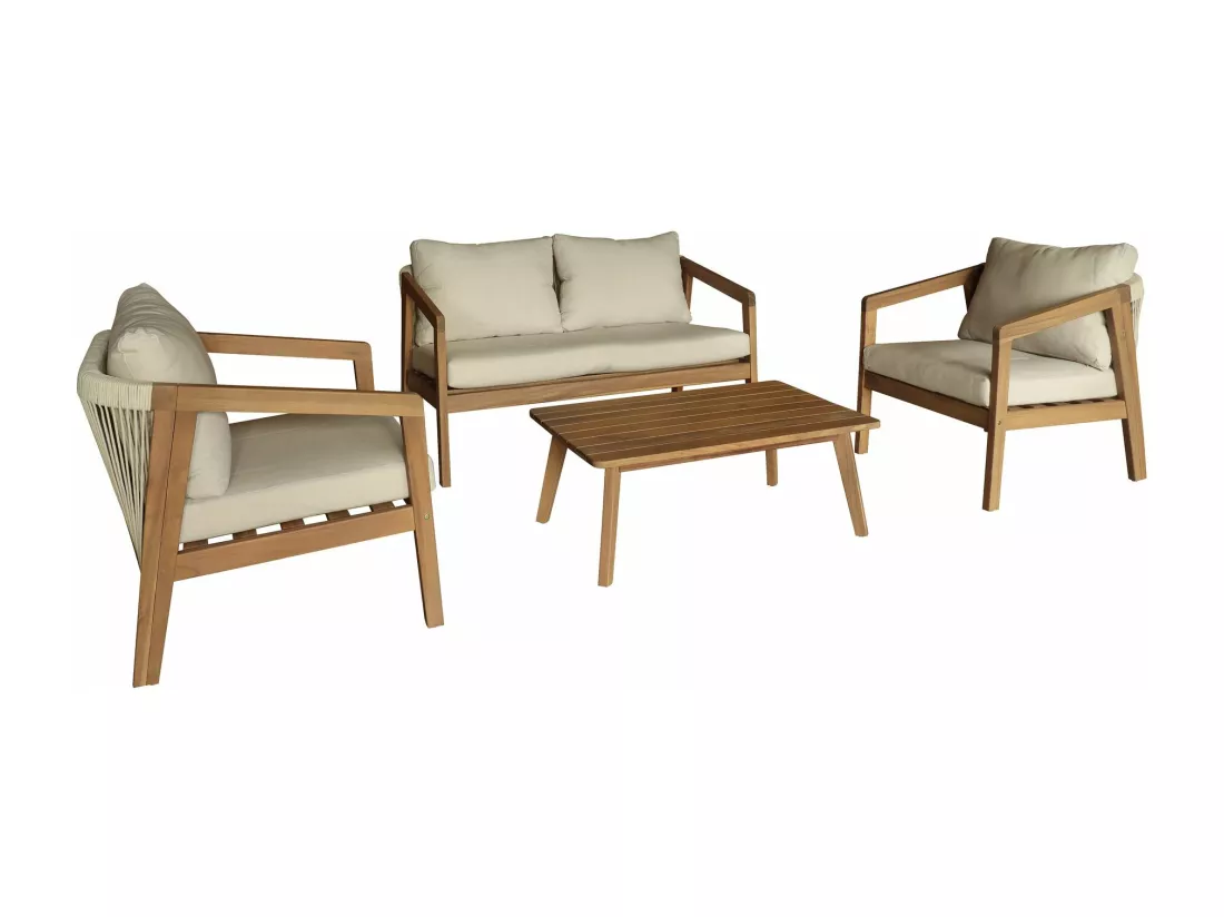 Now's Home - Salon De Jardin 4 Places En Bois D'acacia Avec Coussin Beige Fidji