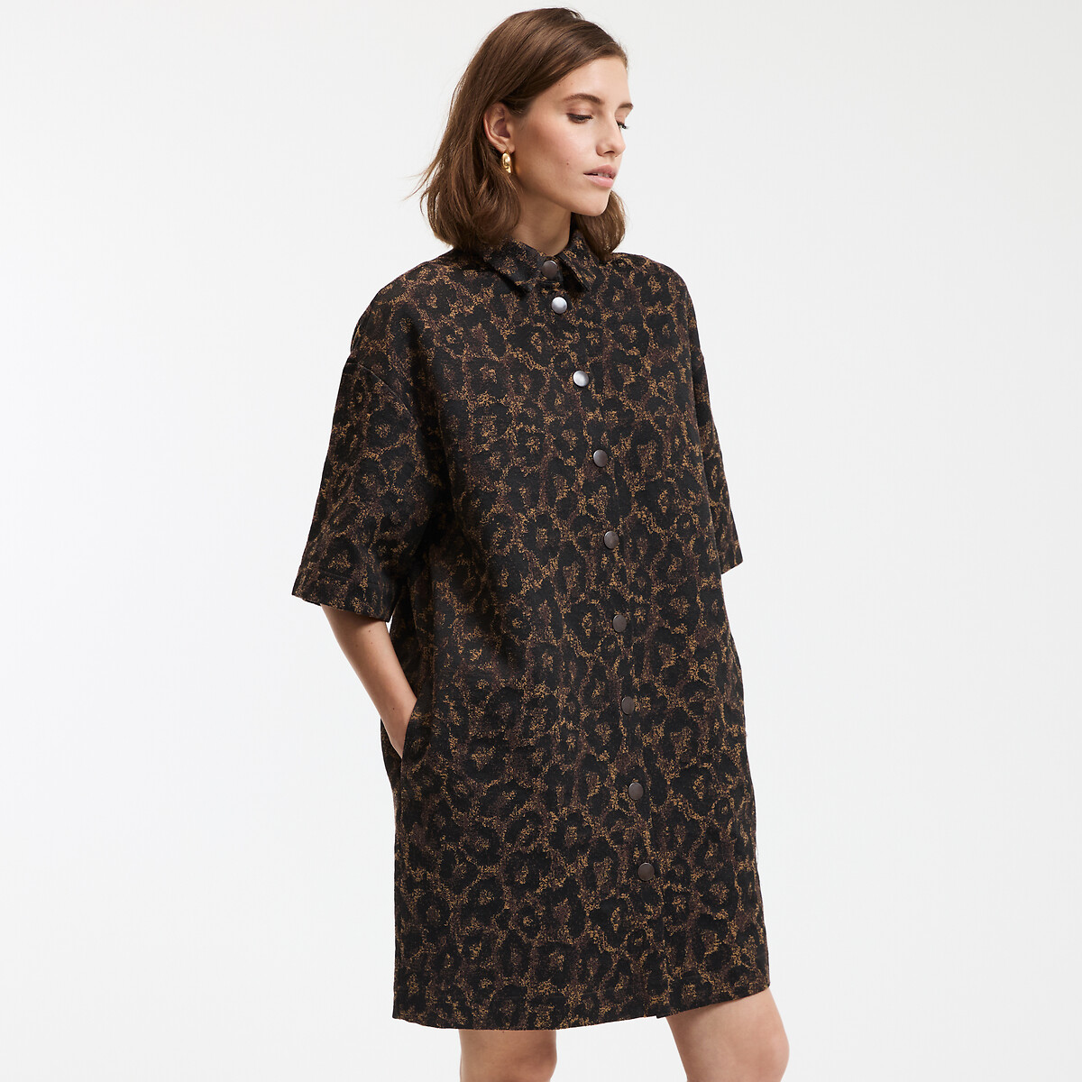 COLEÇÕES LA REDOUTE<br>Vestido curto e solto em jacquard com estampa de leopardo, modelo Signature SARA