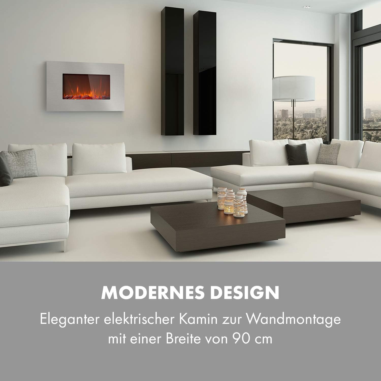 Klarstein Elektrokamin, Elektro Heizungen für Wohnzimmer & Innenräume, Elektrischer Kamin mit LED Flammen, Kamin zur Wandmontage, Heizlüfter mit Timer, Einstellbarer Thermostat, Heizung 2000 W