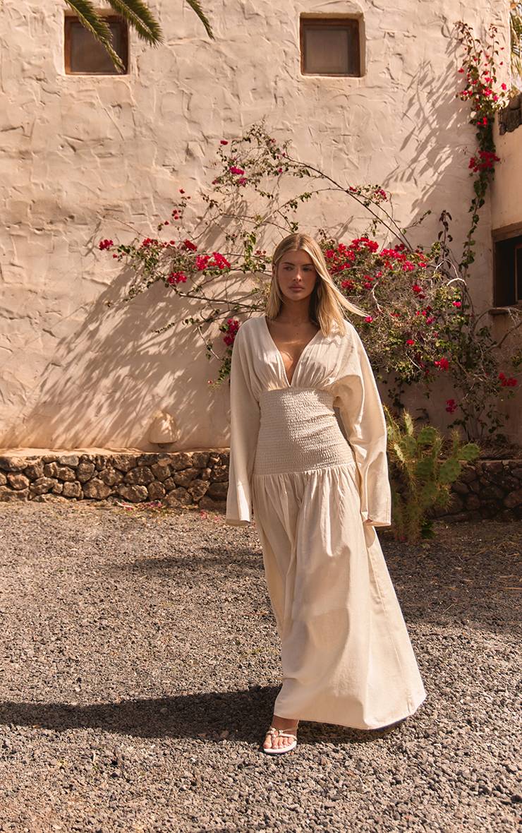 Crème Robe Longue À Taille Froncée Effet Lin