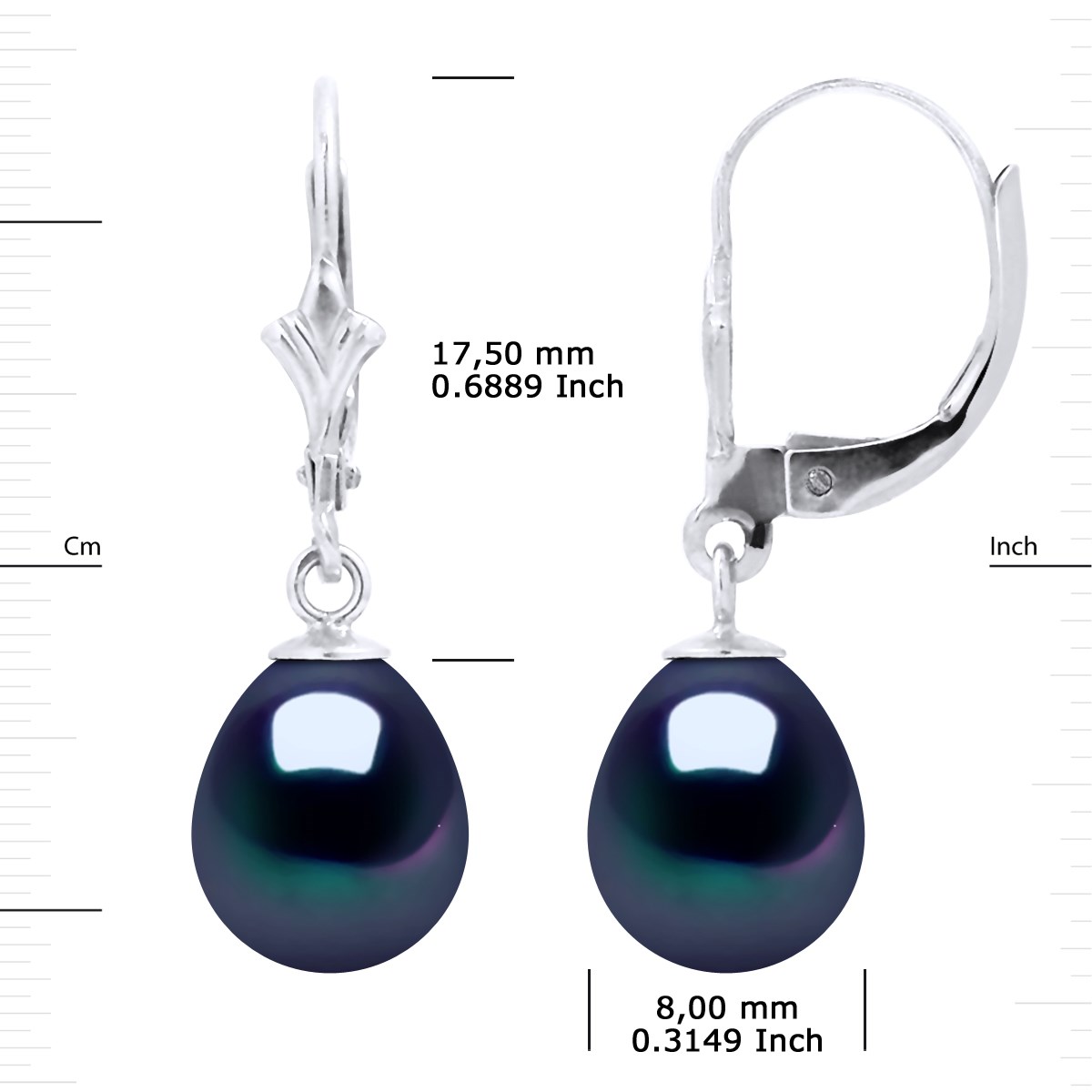 Boucles d'Oreilles Pendantes Perles d'Eau Douce Poires 8-9 mm Noires Or Blanc 18 Carats