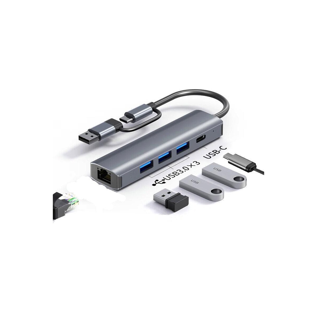 NÖRDIC USB Hub USB-C eller A til 3xUSB-A 3.0 1xUSB-C 5Gbps 1xRJ45 Giga LAN