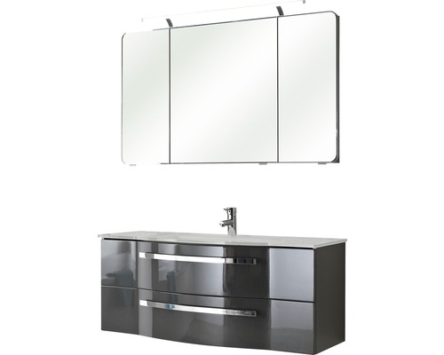 Pelipal Xpressline 4005 badkamermeubelset, BxHxD 120 x 200 x 49 cm, hoogglans grijze fronten, met witte glazen wastafel en badmeubel, spiegelkast met LED-verlichting, 992.12001120