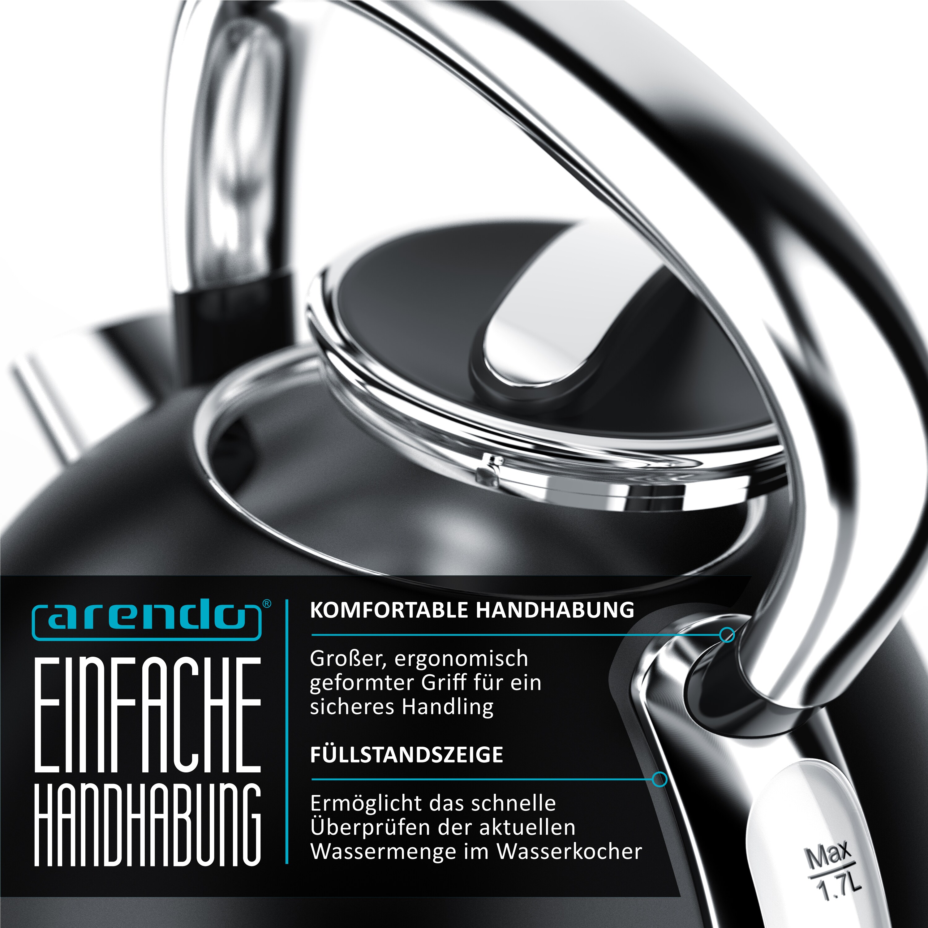 Arendo Wasserkocher 1,7 l, 2200 W, Edelstahl Retro Style Vintage, Überhitzung & Trockenkochschutz, schwarz