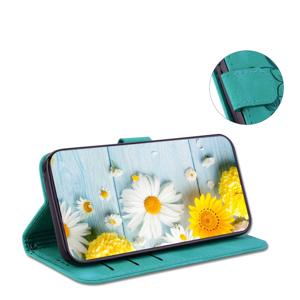 Samsung Galaxy S25 Ultra Leder Tasche Wallet - Blumen Imprint - Türkis