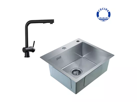Cecipa max 2 en 1 Evier de cuisine 1 Bac Évier de Cuisine Carré Inoxydable Brossé 50*45*18.5cm + Robinet de Cuisine Noir Avec Douchette Extractible