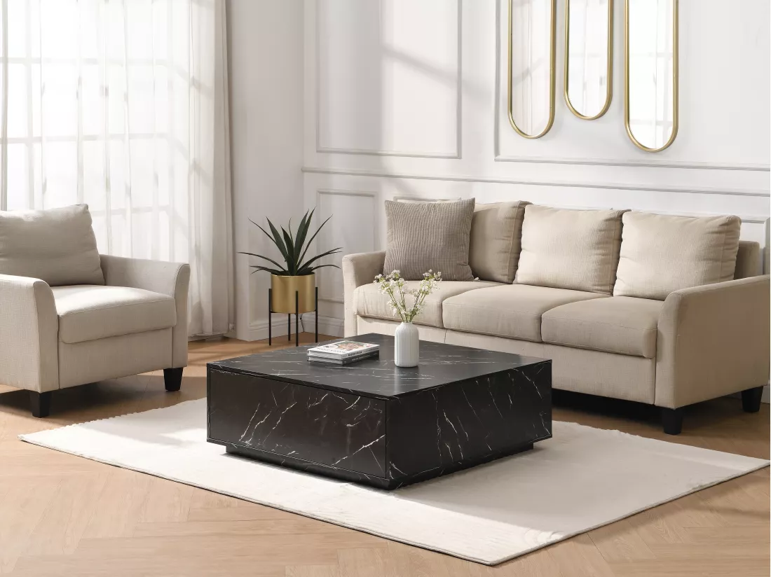 Table basse avec 2 tiroirs en MDF - Effet marbre noir - ANTRIM de Pascal Morabito