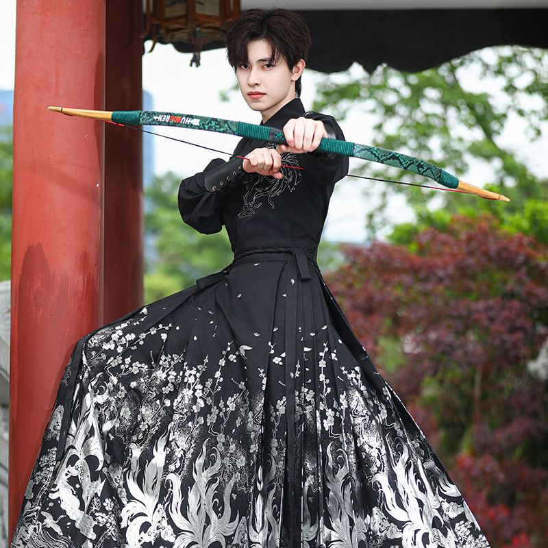 Pinocle - Hanfu-top met lange mouwen en vossenborduursel / Maxi-rok met vossenprint en hoge taille / Effen mouwen / Set