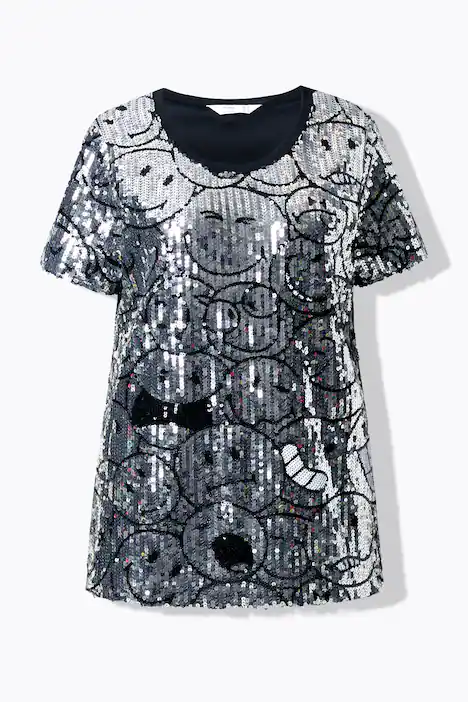 T-Shirt, Komfort Fit, Pailletten-Smileys, silber