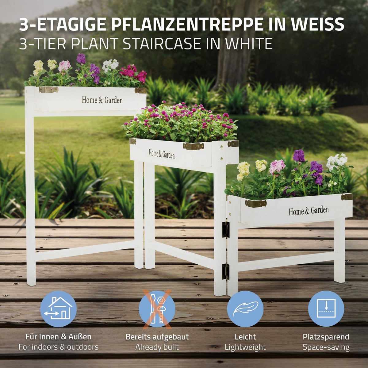 ML-Design 3-laags bloemenstandaard, wit hout, 111 cm, bloembak 32 x 16 x 7 cm, opvouwbaar, rustieke decoratieve bakken, plantenstandaard, bloemenladder, decoratieve plantenplank, plantenstandaard, plantenpot