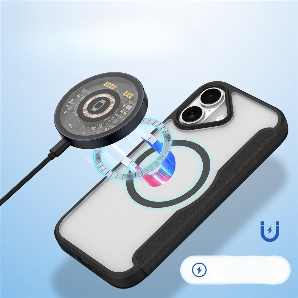 iPhone 17 MagSafe Hybrid Leder Tasche   Kunststoff Rückseite (RFID Schutz) - Schwarz / Transparent