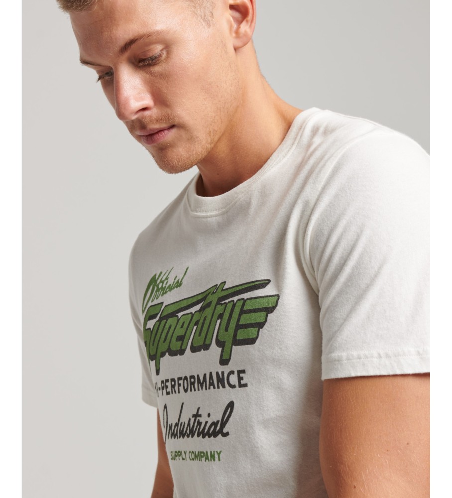 Camiseta Superdry Vintage Logo, com estampa industrial automotiva, branca