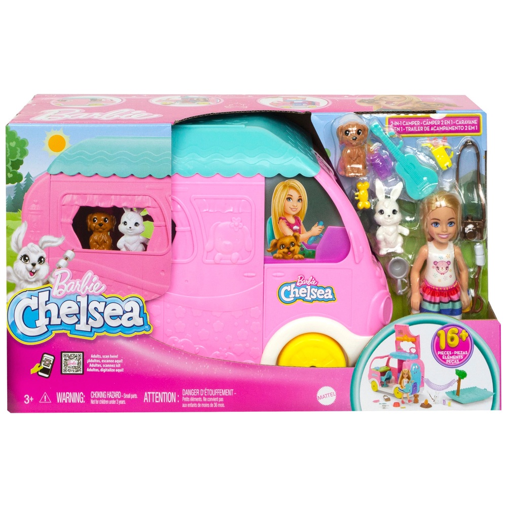 Barbie Club Chelsea 2-in-1 Wohnmobil-Spielset mit 2 Haustieren und Zubehör