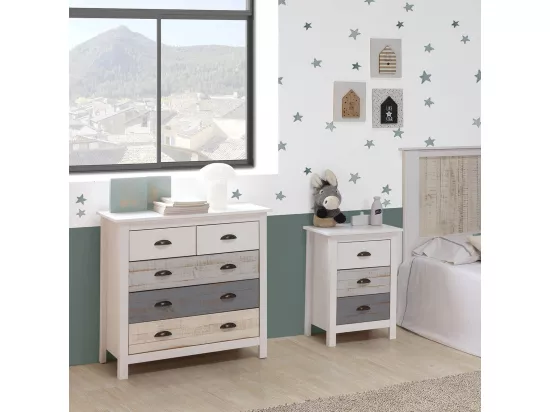 ROSALIA - Commode 5 Tiroirs Bois Aspect Vieilli Blanc et Grisé