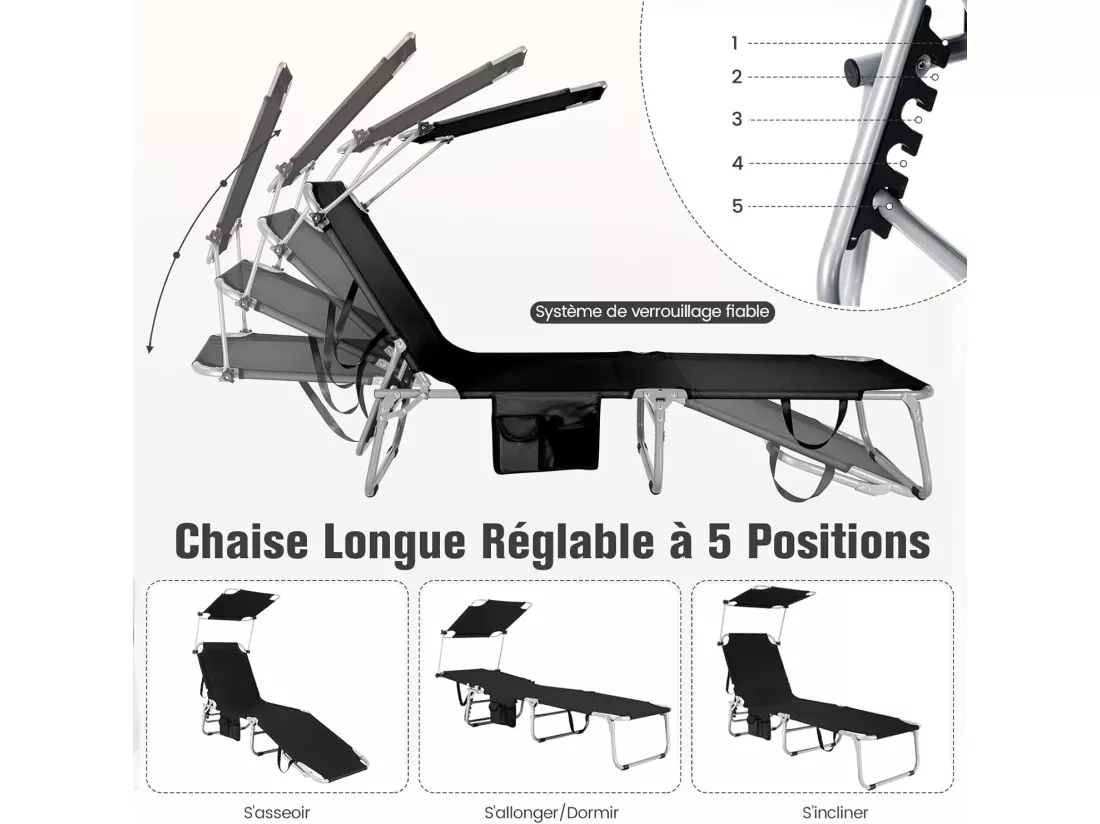 Chaise Longue Pliante Inclinable à 5 Positions avec Auvent Rotatif à 360°, pour CamBoisg Terrasse, Charge Max 150 kg, Noir