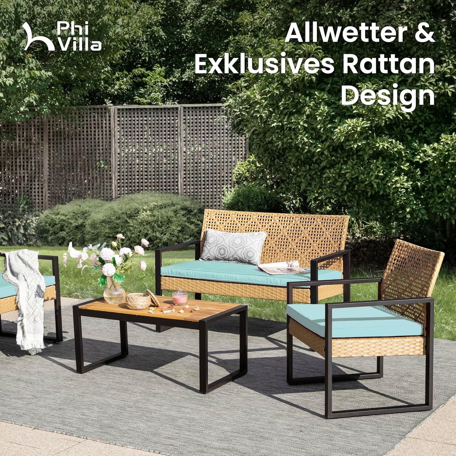 PHI VILLA Gartenmöbel Balkonmöbel Set mit 1 x 2-Sitzer Sofa, 2 x Sessel und 1 x Tisch, 4 Personen Outdoor Lounge Möbel Gartensofa. Wetterfest Rattan Balkon Lounge für Terrasse, Minzgrün und Gelb