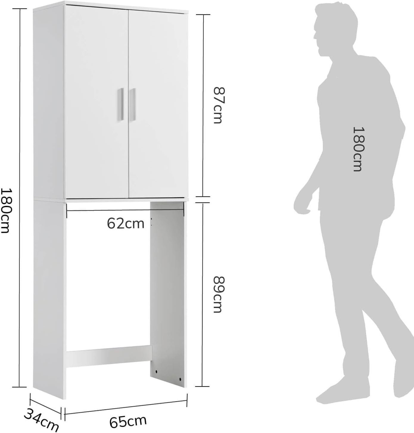 mokebo® Waschmaschinenschrank für Waschmaschinen & Trockner 'Der Saubermann', Überbau oder Überbauschrank mit Türen in Weiß aus Holz, auch als Toilettenregal oder WC-Regal in 65x180x34cm (B/H/T)