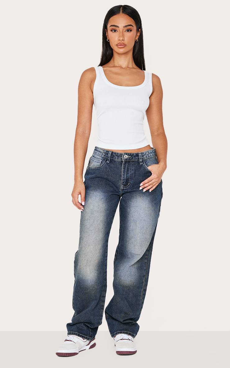 Gris Jean Droit Taille Basse Rigide Effet Délavé Bleach Petite Used