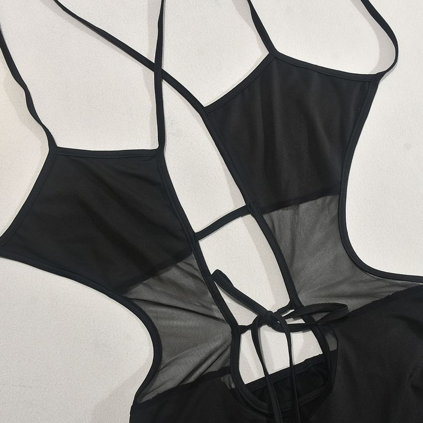 BrickBlack - Halter Jumpsuit met Uitgesneden Halterprint en Uitlopende Mouwen