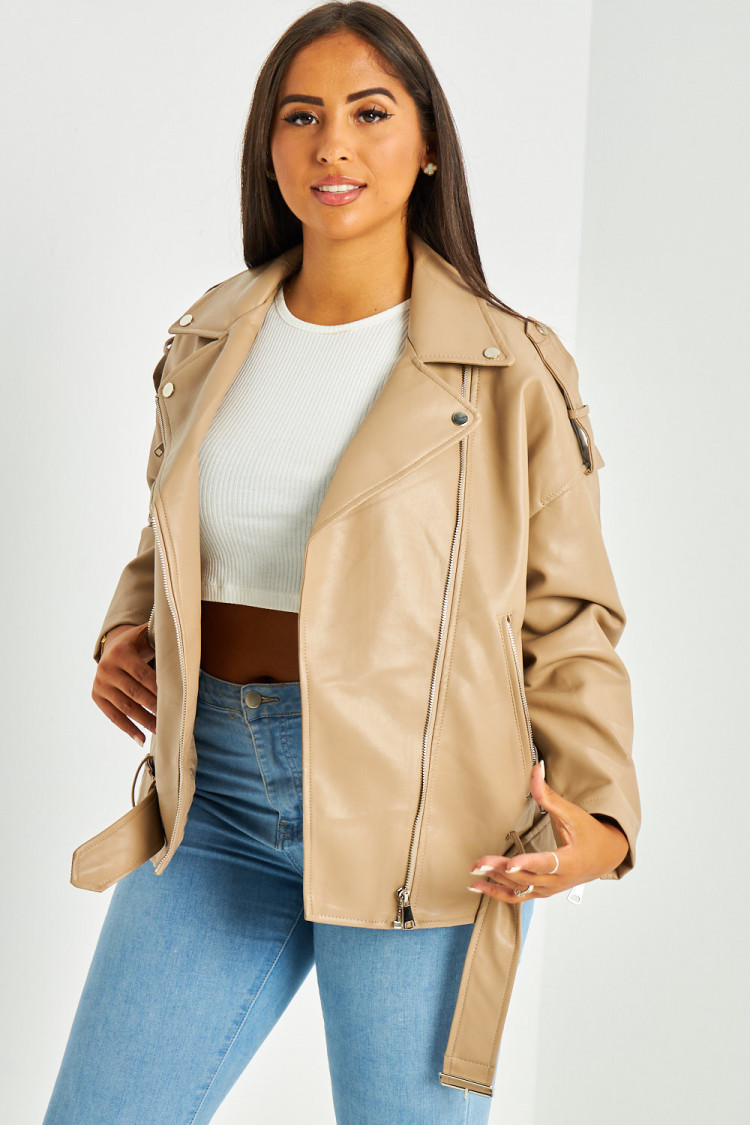 Perfecto en simili cuir taupe ceinturé