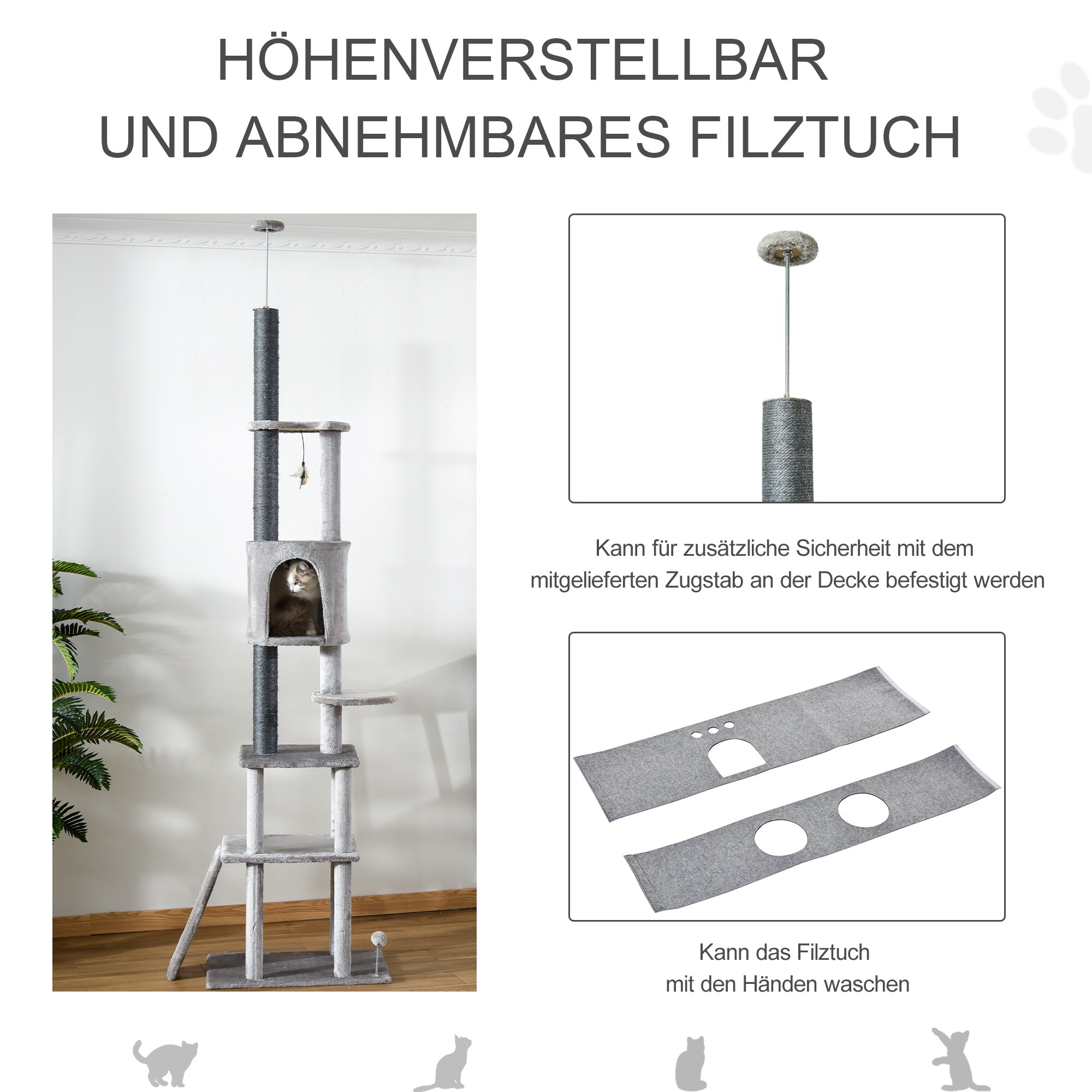 PawHut Kratzbaum Höhenverstellbar und mit Katzenspielzeug grau 60L x 40B x 225-255H cm