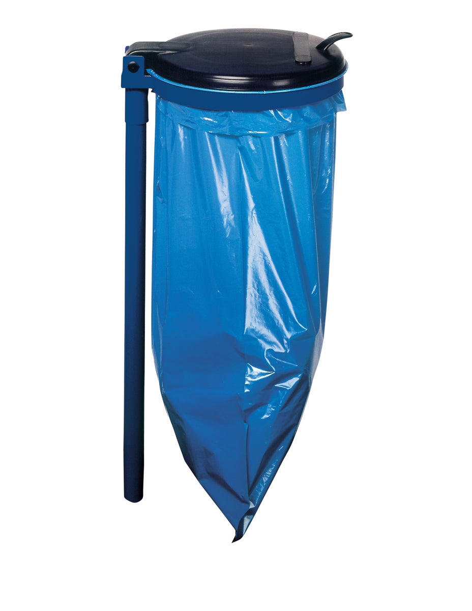 PROREGAL Robuuste enkele afvalbak met kunststof deksel en stang, 35 cm opening, HxBxD 98 x 50 x 45 cm, staal, blauw/zwart
