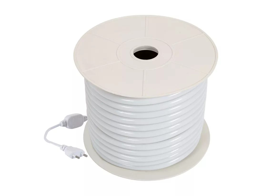 Bobine Néon LED Flexible 360º Rond Dimmable 220V AC 120LED/m IP67 Blanc Neutre 50 Mètres sur Mesure Coupe Tous les 100cm Blanc neutre