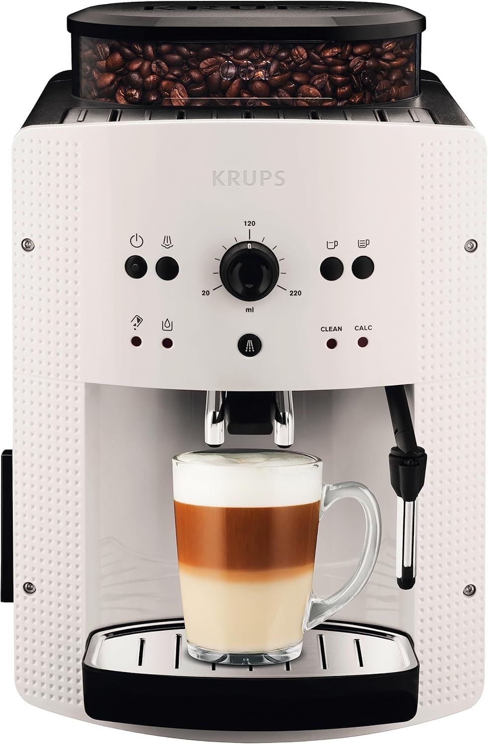 Krups Machine à café broyeur grain, 2 expresso simultanés, Nettoyage automatique, Buse vapeur Cappuccino, Essential blanche EA810570