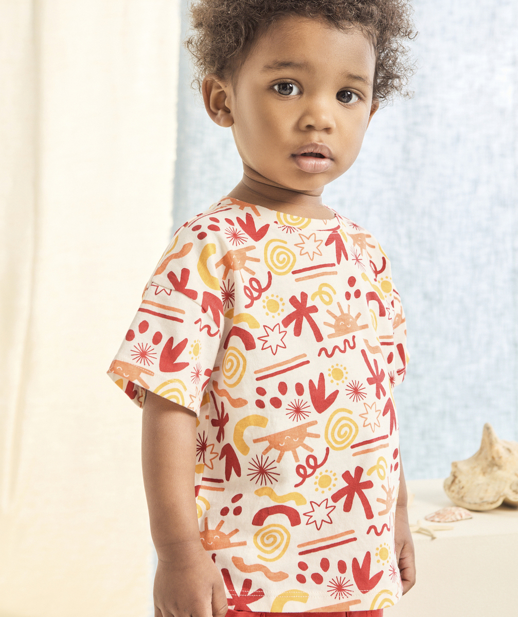 t-shirt manches courtes bébé garçon en coton bio imprimé coloré rouge orange et jaune