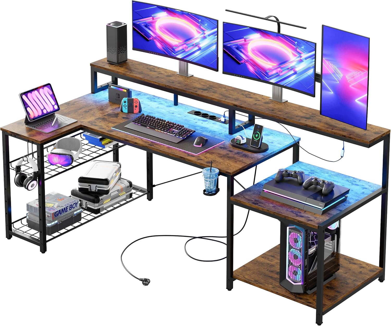 Bestier Gaming Tisch, 181x80 cm Schreibtisch mit LED-Leuchten, L-förmiger Schreibtische mit 3 AC-Steckdosen und 2 USB Ladeanschluss, Computertisch mit großzügiger Monitorablage, Kohlefaser