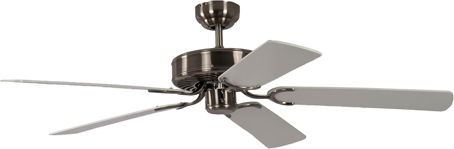 Deckenventilator ohne Beleuchtung Potkuri, Gehäuse gealtertes Silber, Wendeflügel Weiß oder Weiß mit Rattaneinlage, 132 cm, für Räume bis zu 25m²