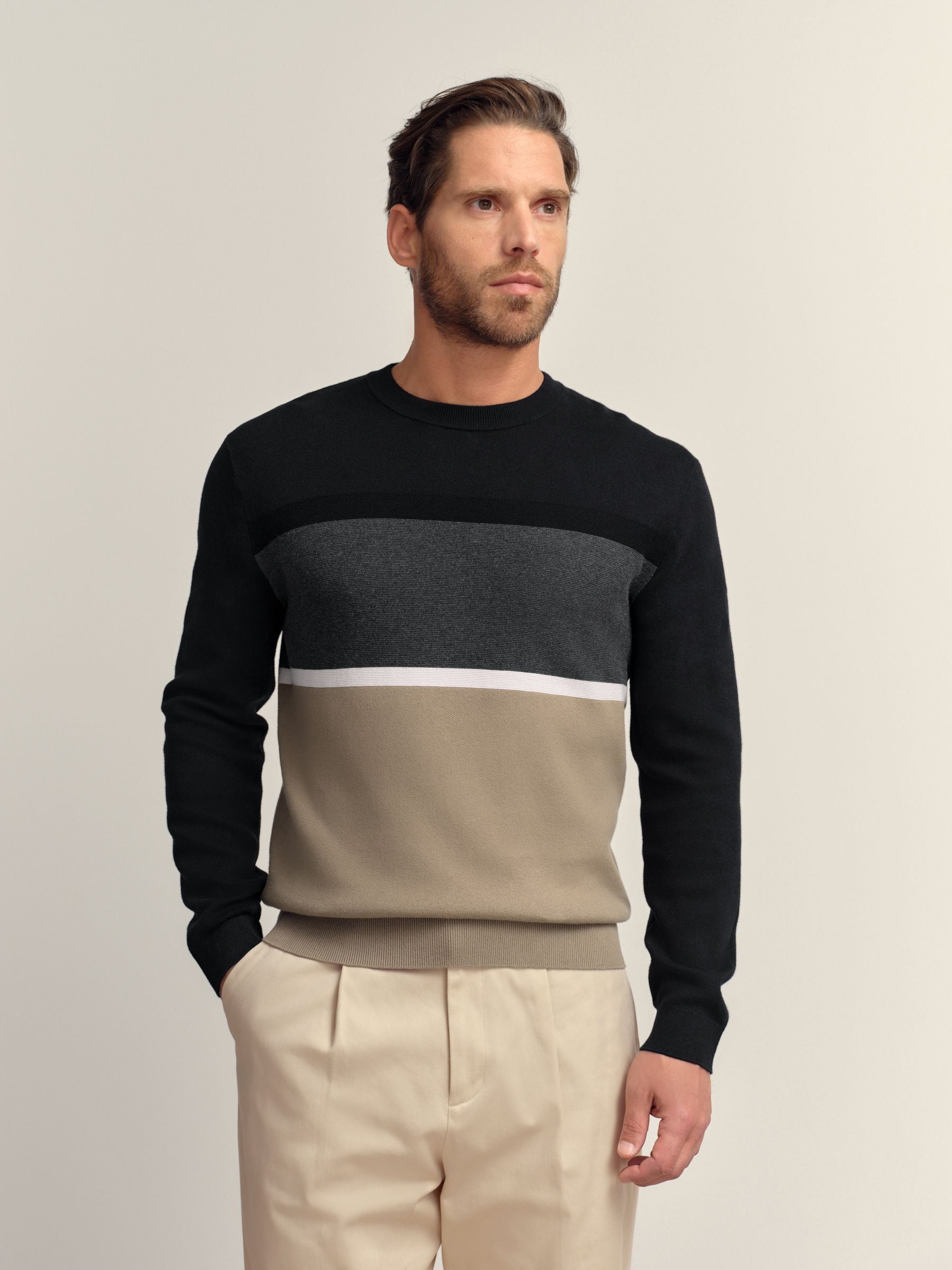 Zwart/kiezelkleurig - Regular fit trui met kleurblokken en strepen, ronde hals