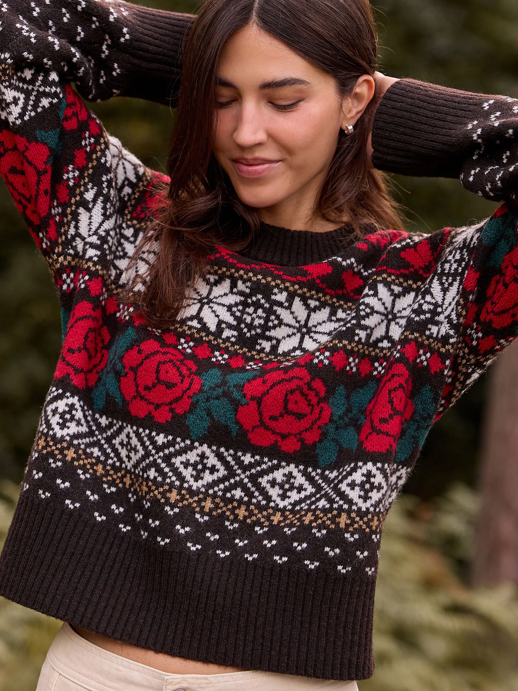 Chocoladebruin Fairisle - Gebreide trui met ronde hals van wol
