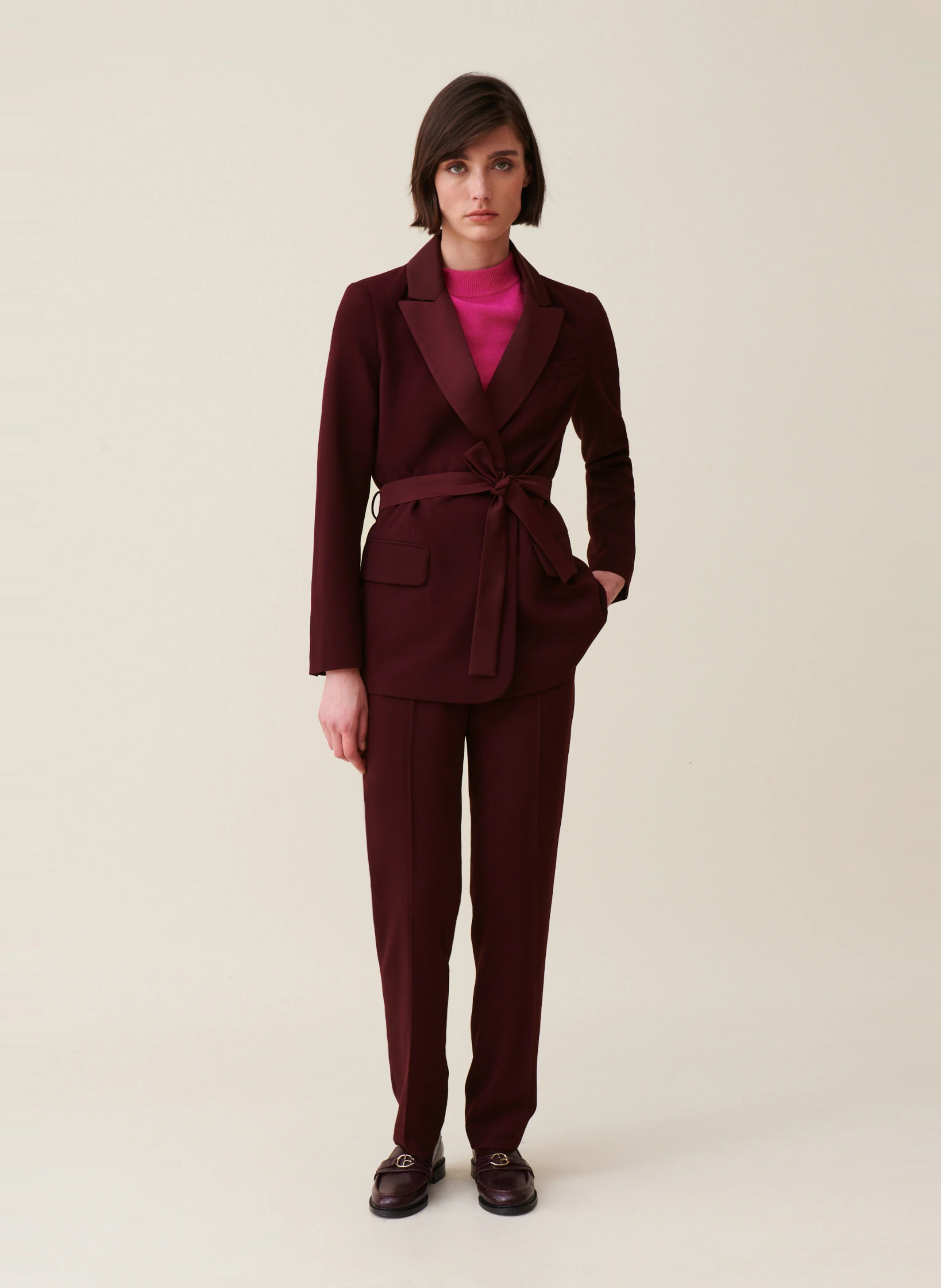 Veste de tailleur droite ceinturée | Rouge