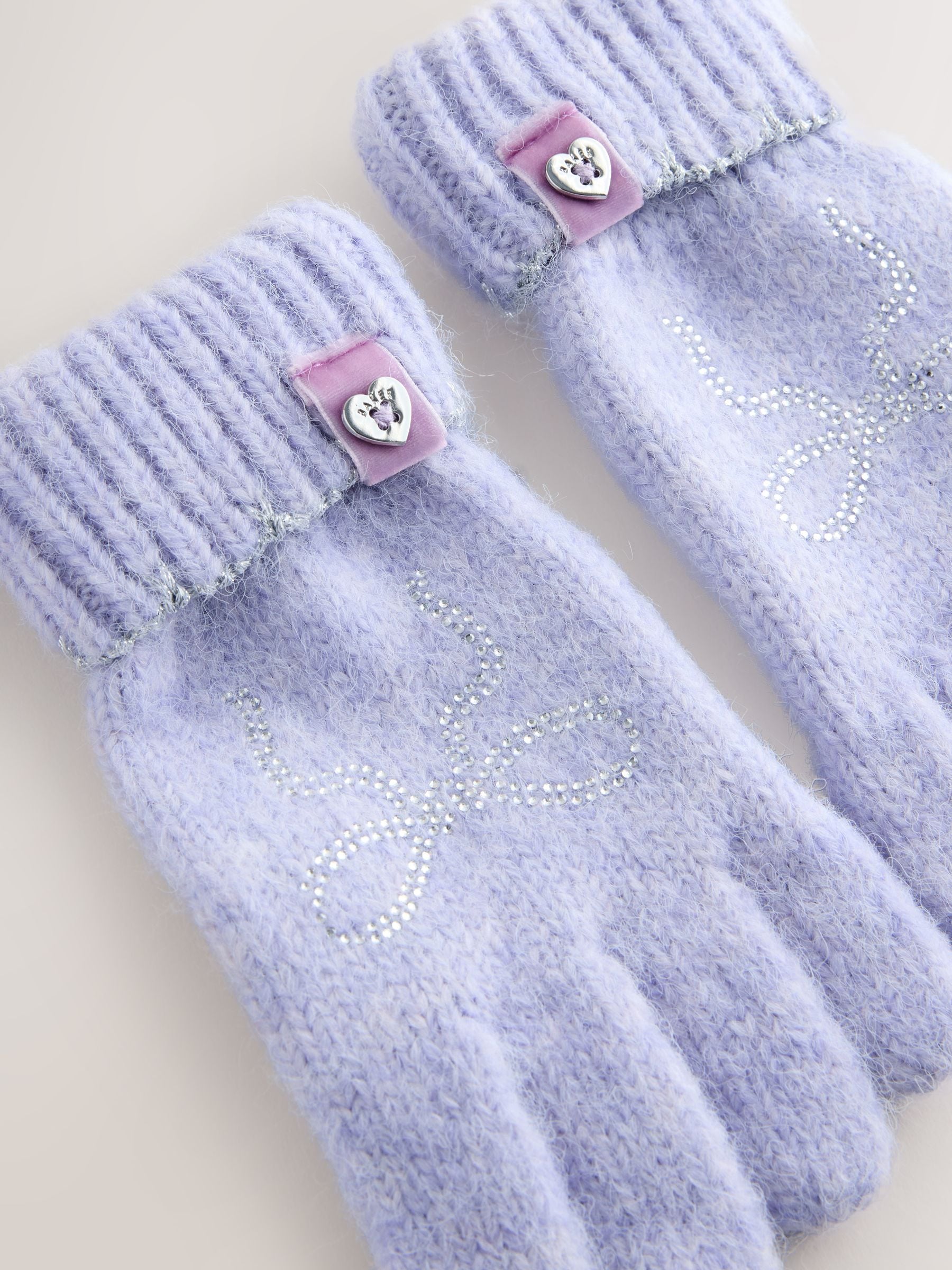 Lila-paars - Baker by Ted Baker - Set van gebreide muts met strik, pompon en handschoenen met siersteentjes voor meisjes